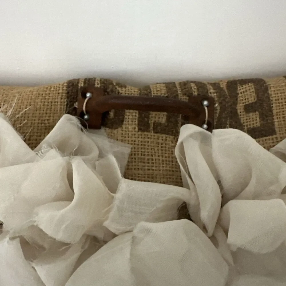 Vintage Burlap Pillow Organza Ruffles  Handwritten Letter Shabby Chic Farmhouse